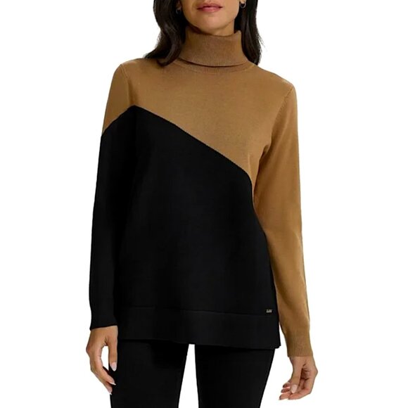 Calvin Klein Asymmetrical ColorBlock Turtleneck Long Sleeve Sweater - Picture 1 of 10